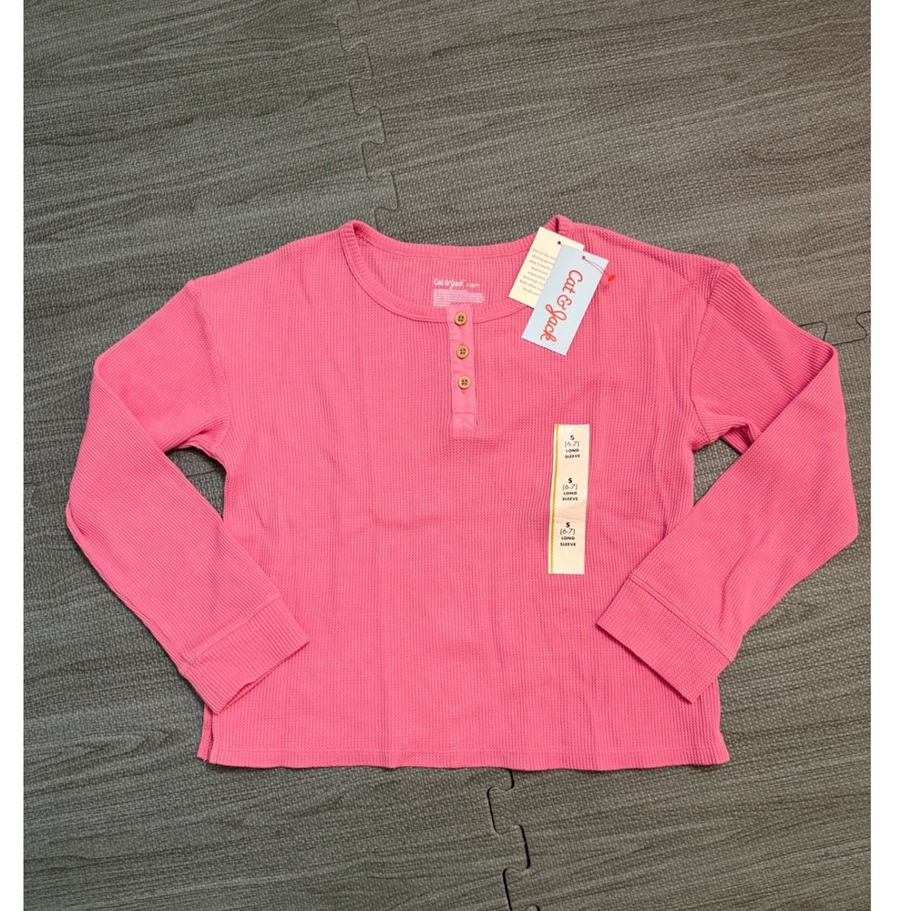 Cat & Jack Girls Pink Waffle Knit Henley Long Sleeve Top Shirt Size S 6-7 NWT